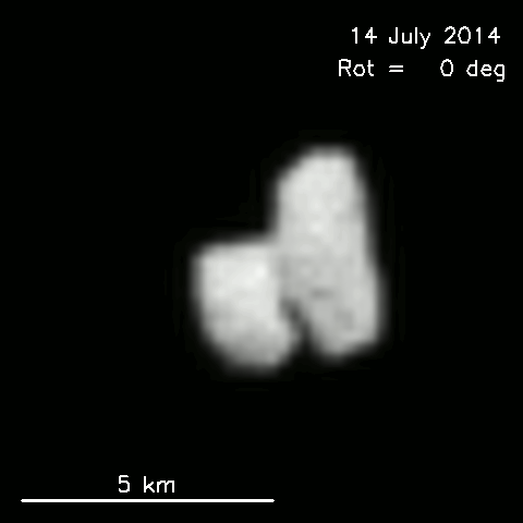 Eine Animation vom 14. Juli 2014 zeigt den rotierenden Contact Binary-Kometen Churyumov-Gerasimenko.