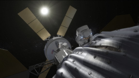 Dieses Bild-Konzept zeigt einen Astronauten, der im Begriff ist eine Probe von einem eingefangenen Asteroiden zu entnehmen