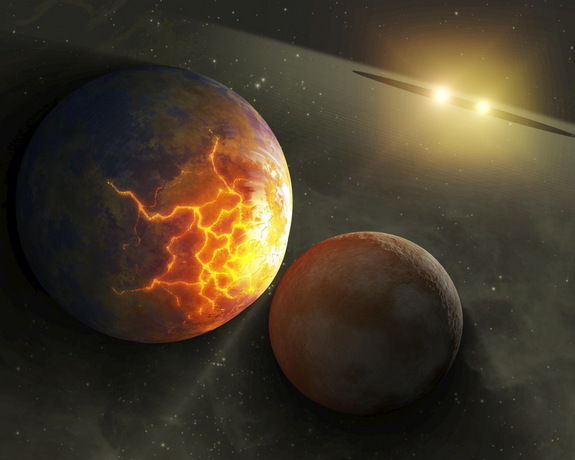Künstlerisches Konzept einer bevorstehenden Planetenkollision um einen Doppelstern.