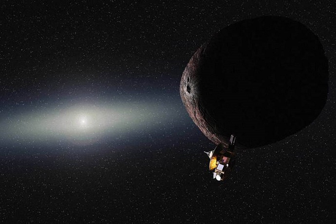 Künstlerische Darstellung vom Vorbeiflug der Raumsonde New Horizons an einem plutoähnlichen Objekt im fernen Kuiper-Gürtel 
