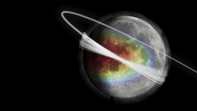 Dieses künstlerische Konzept zeigt die dünne Staubwolke die den Mond umgibt und den Orbit des Lunar Atmosphere and Dust Enviroment Explorer (LADEE).