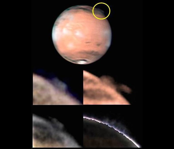 Das obere Bild zeigt die Lage der mysteriösen Wolken-Schwade auf dem Mars, gekennzeichnet mit einem gelben Kreis zusammen mit verschiedenen Ansichten der sich ändernden Morphologie der Wolken-Schwade. 