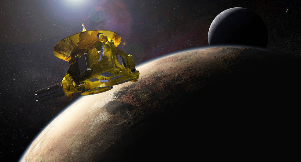Künstlerische Konzept der Raumsonde New Horizons mit Pluto und seinem größten Mond, Charon.