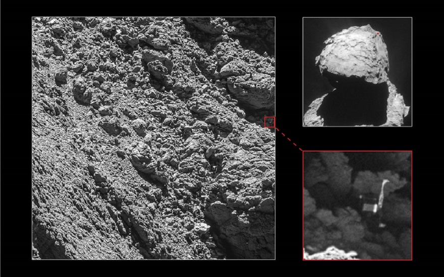 Philae (rechts unten) wurde am 2. September in einem schattigen Bereich des Kometen 67P/Churyumov-Gerasimenko, im Bild links gefunden. Die Landezone wird auf der oberen rechten Seite vergrößert dargestellt.