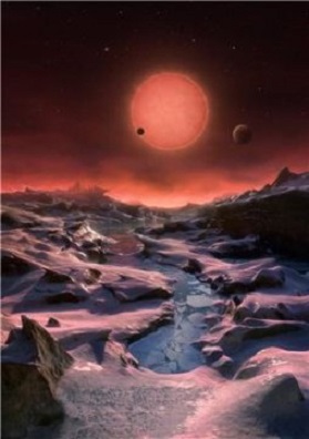 Künstlerische Darstellung von der Oberfläche eines der drei Planeten des extrem kühlen Zwergsterns TRAPPIST-1.