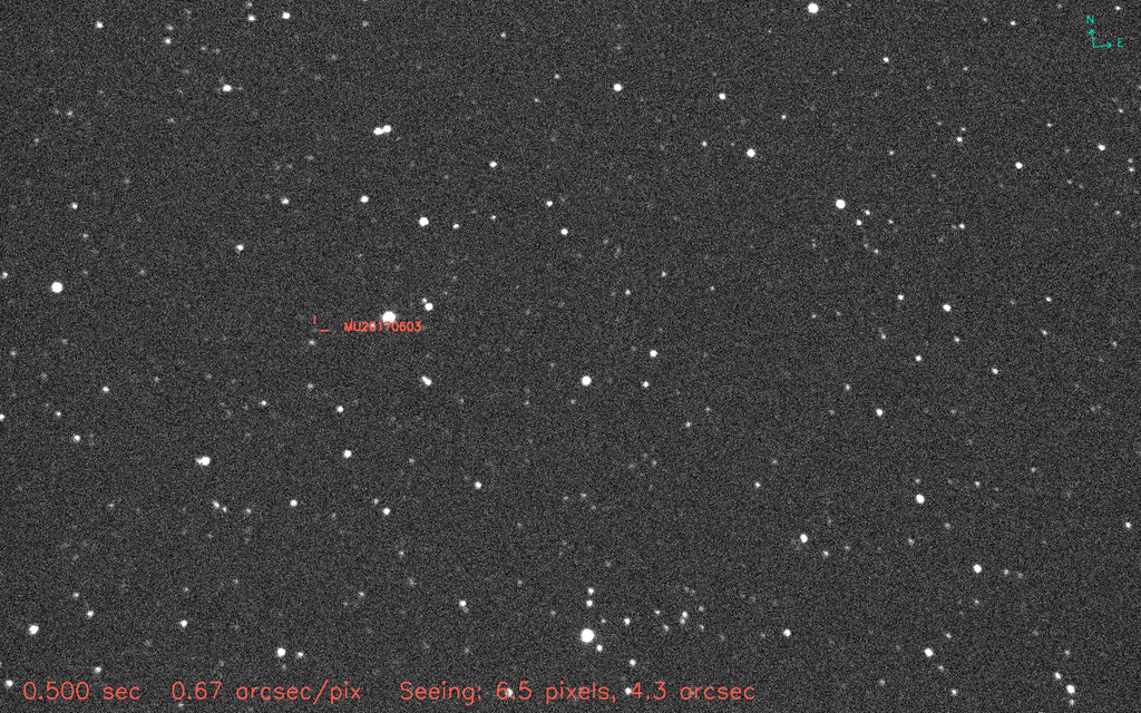 Dieses Bild von dem Stern den 2014 MU69 am 3. Juni bedeckte, wurde am 19. März 2017 mit einem 16 Zoll/406 mm Dobson-Teleskop und der QHY174 Kamera aufgenommen.