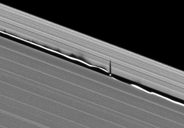 Auf dieser Aufnahme kann man den langen Schatten sehen, den Daphnis auf den Saturnring wirft.