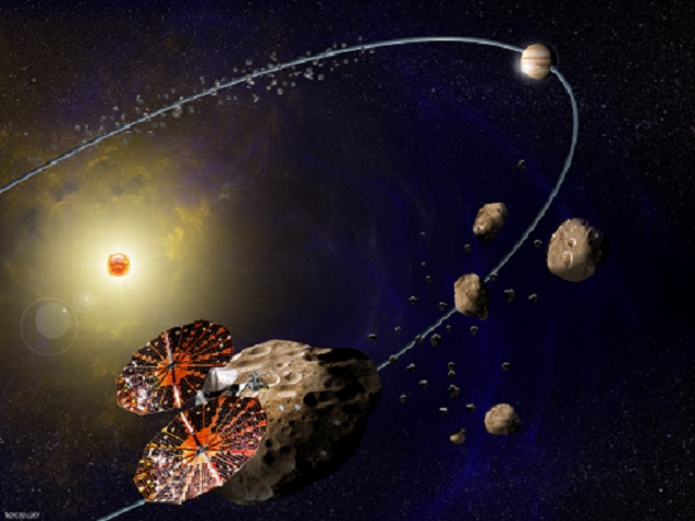 Künstlerische Impression der Raumsonde Lycy beim Vorbeiflug an einem Jupiter-Trojaner.