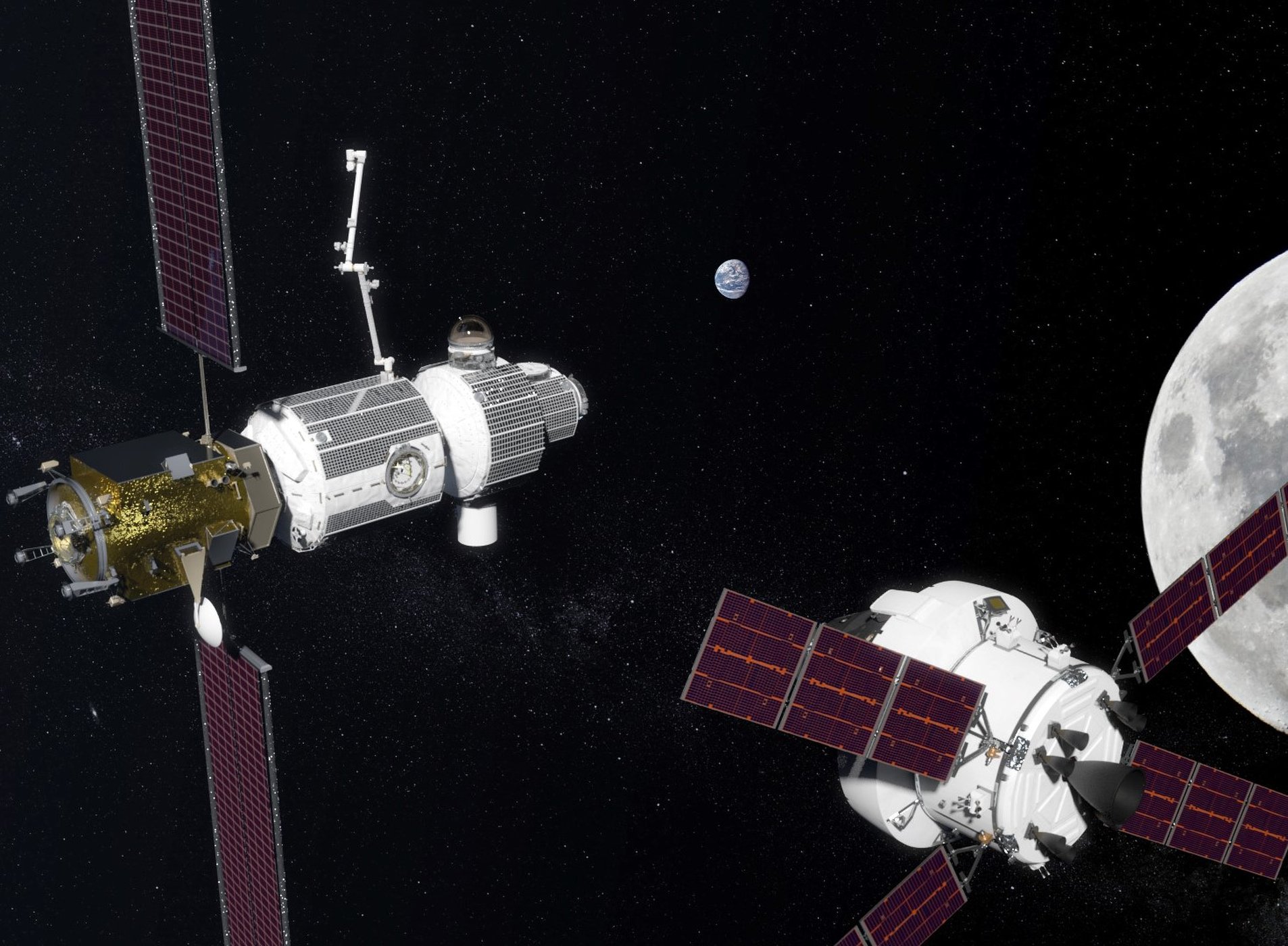 Künstlerische Darstellung eines Deep Space Gateway, das den Mond umkreisen und einen Startpunkt für bemannte Missionen zum Mars ermöglichen soll.