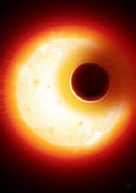 Künstlerische Darstellung des Exoplaneten HAT-P-11b mit seiner ausgedehnten Heliumatmosphäre, die vom Stern weggeblasen wird. Bild: Denis Bajram