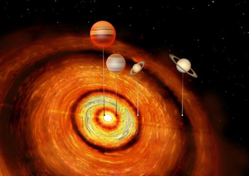 Künstlerische Darstellung von vier Gasriesenplaneten in der Umlaufbahn um Ci Tau. Bild: Amanda Smith, Institut für Astronomie, Universität von Cambridge