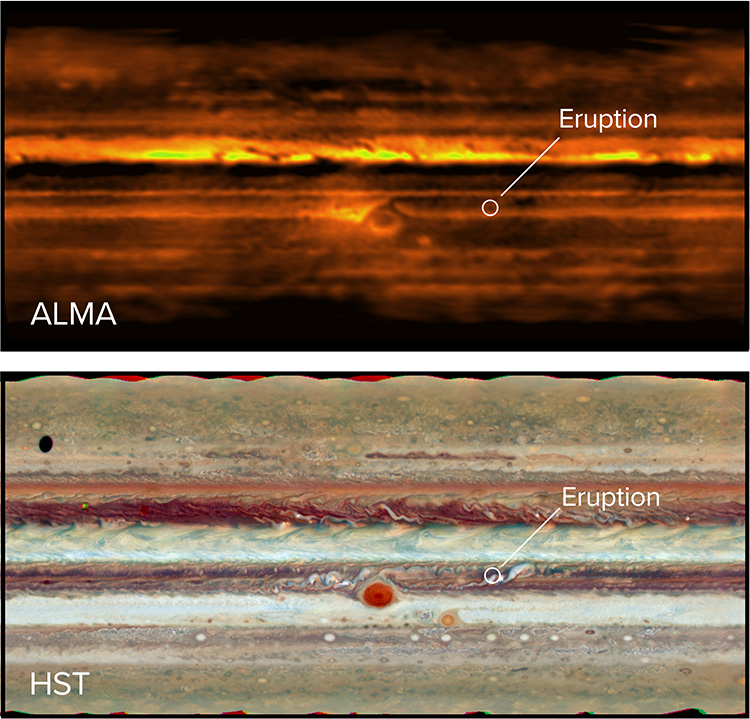 Jupiter aufgenommen mit ALMA im Radiowellenbereich (oben) und im sichtbaren Licht mit dem Hubble Weltraumteleskop (unten). Credit: ALMA (ESO/NAOJ/NRAO), I de Pater et al.; NRAO/AUI NSF, S. Dagnello; NASA/HUBBLE