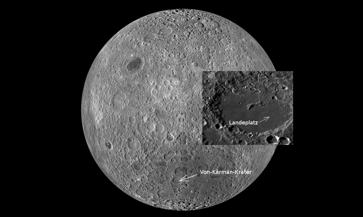 Landeplatz von Chang'e 4 im Von-Kármán-Krater. Bild: NASA/Goddard/Arizona State University/ Verein Kuffner-Sternwarte