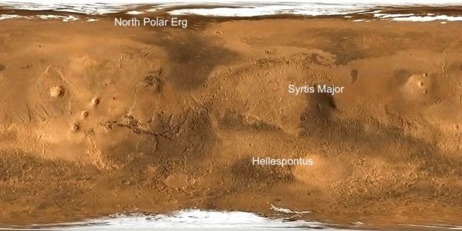Laut der neuen Studie liegen die Regionen mit den höchsten Dünenbewegungsraten an der Grenze zwischen Isidis Becken und Syrtis Major, dem Hellespontus-Gebirge und um die Nordpolkappe. Quelle: NASA/JPL/Malin Space Science Systems