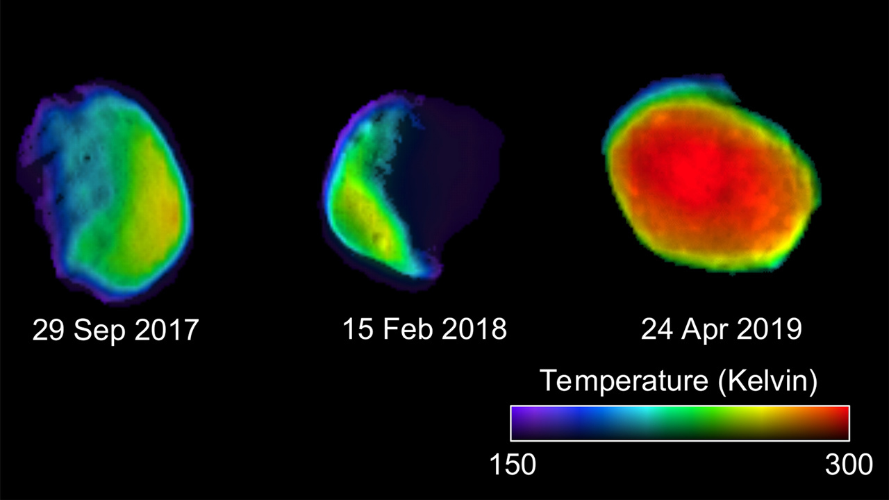 Diese drei Ansichten des Marsmondes Phobos wurden von der Infrarotkamera THEMIS an Bord vom Mars-Orbiter Odyssey aufgenommen. Bild: NASA/JPL/Caltech/ASU/SSI