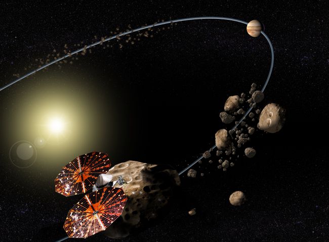Eine künstlerische, nicht maßstabgetreue Darstellung der Raumsonde Lucy, wie sie die Trojaner-Asteroiden nahe Jupiter besucht. Credit: NASA/SwRI