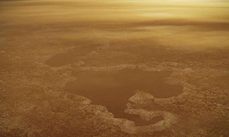 Künstlerische Darstellung eines Sees am Nordpol des Saturnmondes Titan. Credit: NASA/JPL-Caltech