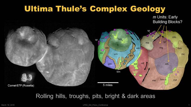 Eine neue Karte zeigt die komplexe Geologie von Ultima Thule. Bild: NASA/Johns Hopkins University Applied Physics Laboratory/Southwest Research Institute/ESA