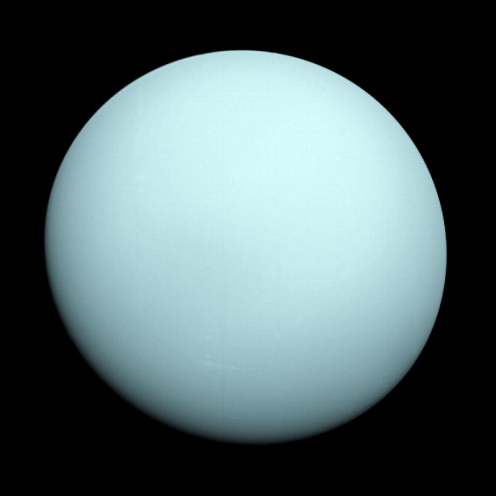 Uranus wurde wie sein Nachbar Neptun nur einmal von der Raumsonde Voyager 2 untersucht – die dieses Bild von Uranus am 18. Dezember 1986 aufgenommen hat. Bild:  NASA/JPL