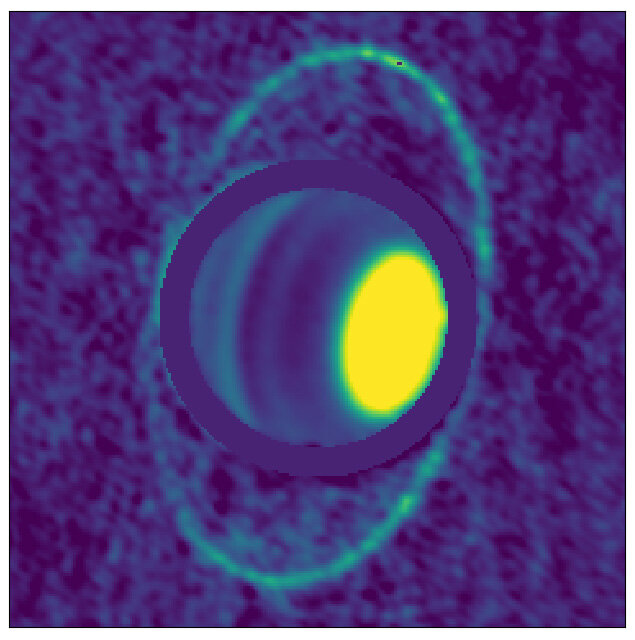 Kompositbild von der Atmosphäre und den Ringen des Planeten Uranus im 	Radiobereich. Bild: UC Berkeley image by Edward Molter and Imke de Pater