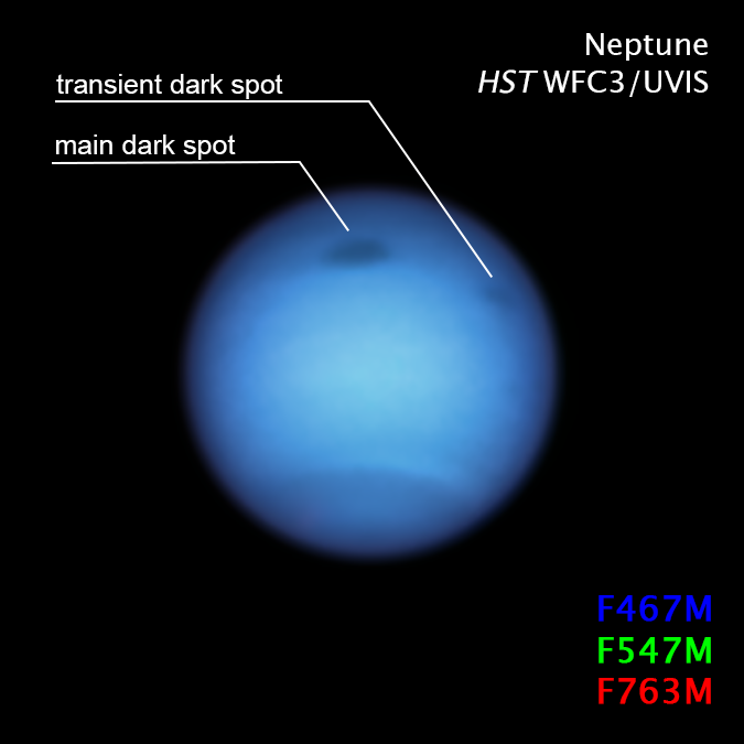 Sturm auf Neptun. Credit: NASA, ESA, STScI, MH Wong (University of California, Berkeley) and LA Sromovsky and PM Fry (University of Wisconsin-Madison) .