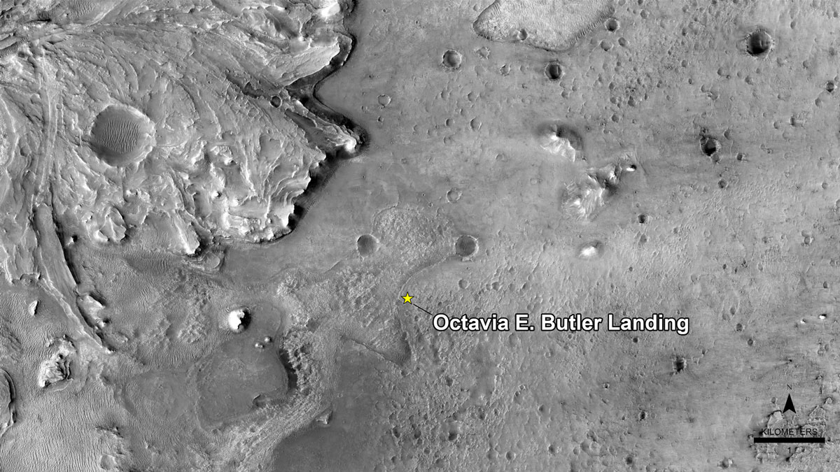 Der Landeplatz des Rovers Perseverance 'Octavia E. Butler Landing'. Credit: NASA/JPL-Caltech/University of Arizona.